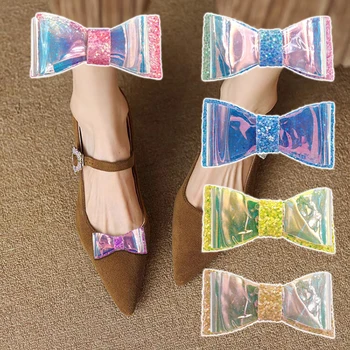 1 чифт скоби за обувки с 3D лък, дамски обувки на равна подметка, обтегач за обувки, преносимо украса за обувки, блестящи аксесоари за обувки с пайети за лодочек върху плоска подметка