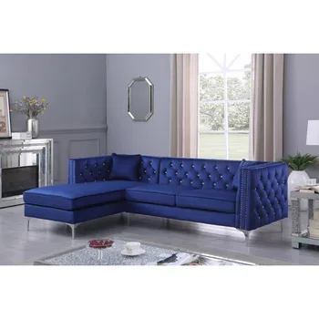 102-Инчов кадифе диван, секционни диван с тапицерия от пирони и ясни линии, 2 възглавници