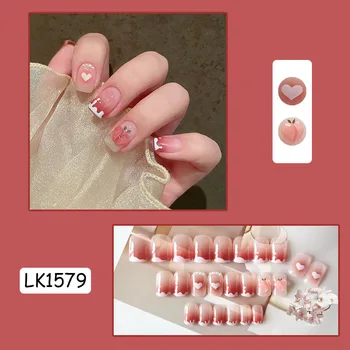 2021 24ШТ Midi Розово Натиснете върху ноктите си, Мило сърце, 3D Праскова дизайн, режийни ноктите, с пълно покриване, изкуствено за жени, момичета, кристали