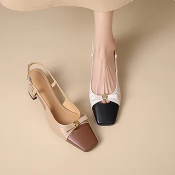 2023 Нови дамски сандали на дебел ток, модерни, универсални однообувные работни обувки на висок ток от естествена кожа за междуградски пътувания