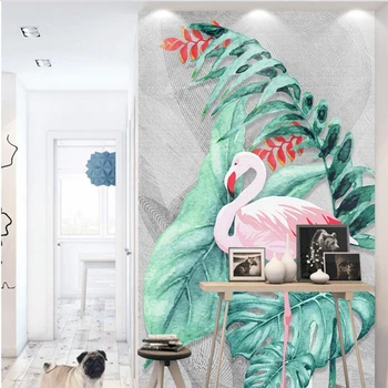 beibehang Скандинавски перлено бял модерен триизмерен мистериозен фламинго на заден план стени, голяма фреска на поръчка, зелени тапети