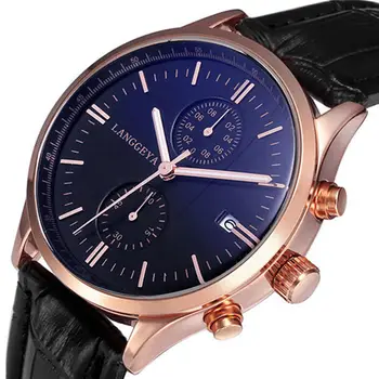 LANGGEYA, модерен мъжки бизнес часовник от естествена кожа, с голям циферблат, кварцов механизъм водоустойчив часовник с календар, мъжки часовник relogio masculino