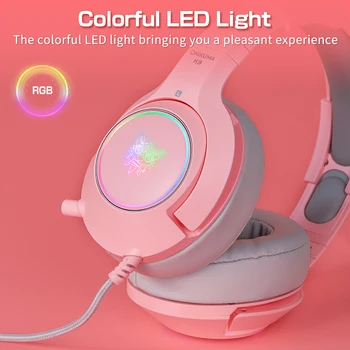 ONIKUMA Розовата Котка Гъвкав микрофон слушалки, Слушалки-втулки за геймъри led RGB