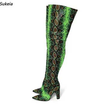 Sukeia / висококачествени дамски зимни ботуши до бедрото, на дебелите змеином ток с остър пръсти, красиви зелени клубни обувки, размер САЩ 5-15