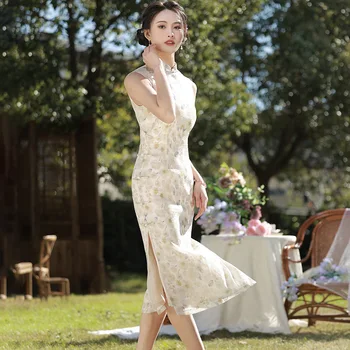 Yourqipao Лятна рокля Ципао без ръкави с принтом, секси рокля в китайски стил в стил ретро