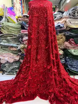 Африканска мода, 3D апликация от гъши пера, тюлевая лейси плат, френска висококачествено кадифе лейси плат, 5 ярда за сватбена рокля