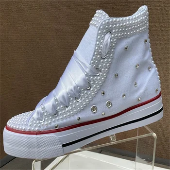 Бяла парусиновая обувки с висок берцем и перли, кристали, панделки, индивидуален стил, интегрирана спортни ежедневни обувки, дамски обувки 35-44
