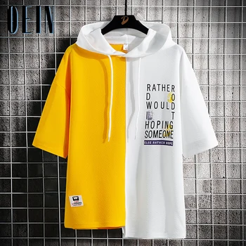 Градинска тениска с качулка, мъжка лятна бяла жълта свободна риза в стил мозайка, всекидневни пуловер в стил хип-хоп с къс ръкав, мъжки меки върхове