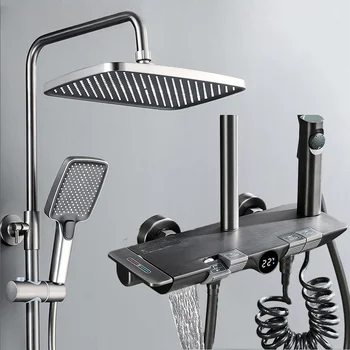 Грей Термостатичен комплект за душ с пиано Hunnise 12-Инчов дъждовна накрайник за душ от месинг, Смесители за баня, цифрови комплекти за душ с пиано