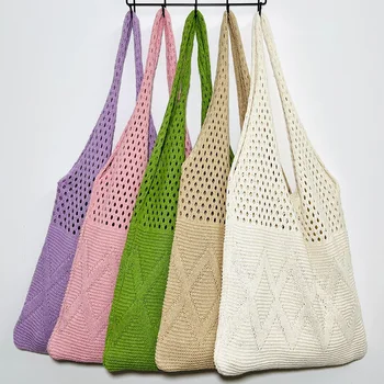 Дамски ежедневни чанти-тоутеры голям капацитет, тъкани торби през рамо, възли чанти, дамски лятна плажна чанта