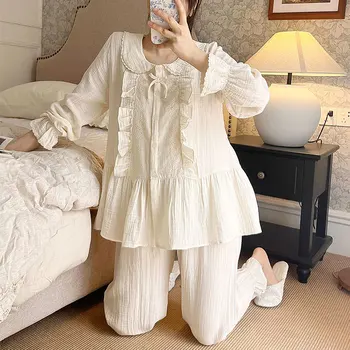 Дамски пижами Unikiwi, пижамный комплект принцеса с отложным яка, дантелени памучни блузи с бродерия + панталони.Ретро женски пижамный комплект спално бельо