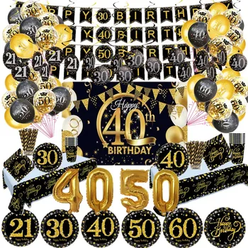 Декор за парти в чест на рождения ден на 30 40 50 60 години, златна посуда и прибори за Еднократна употреба, Комплект чаши и чинии, Банер с въздушно топка, Покривка, Аксесоари за парти в чест на рождения ден