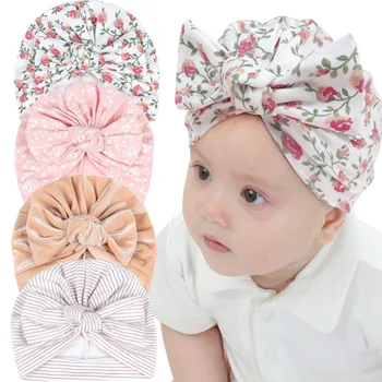 Детска индийски шапчица-тюрбан с флорални принтом, сладка шапчица с възел за момчета и момичета, превръзка на главата, меки памучни шапки за бебета, детска шапчица-лента за глава 0-1Y