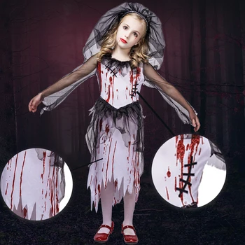 Детски костюм кървава Булката, маскарадное рокля за момичета, cosplay-облекло за Хелоуин, дрехи с духове на Смърт, Костюми на Булката За Деца