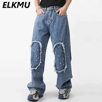 Дънки в стил пънк с нитове Мъжки свободни директни ежедневни сини дънкови панталони Модни градинска облекло Harajuku хип-хоп дънкови панталони