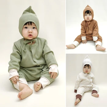 Есенно-есенни боди за новородено, нови корейски модни тела в рубчик с дълги ръкави, дрехи за малките момичета и момчета със сладка главичка