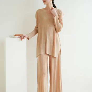 Есенно-пролетно-лятно плиссированное ежедневното женствена рокля Miyake, модерен красив средна дължина, тениска с V-образно деколте, 2361