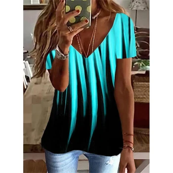 Женска тениска с абстрактна живопис и 3D принтом, къса тениска за всеки ден, основни тениска за уикенда, дамски блузи с V-образно деколте, градинска облекло, тениски Оверсайз
