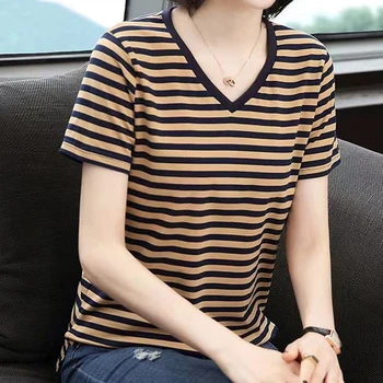 Лято 2023, нова свободна женска тениска с V-образно деколте и къс ръкав, ежедневна блуза голям размер, модерен елегантни блузи на райета