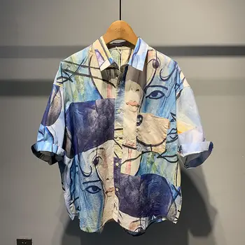 Мъжка риза в стил хип-хоп Harajuku, Върхове, Нови Мъжки Ризи с капак и Джоб, Мъжки Ризи с контрастни Принтом, Къс ръкав, Градинска облекло