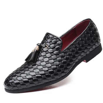 Мъжки модел обувки с пискюли, Кожени Обувки-Oxfords За Мъже, Лоферы, Италиански Черни Бели Вечерни сватбени обувки в стил Дерби, Големи Размери 38-48