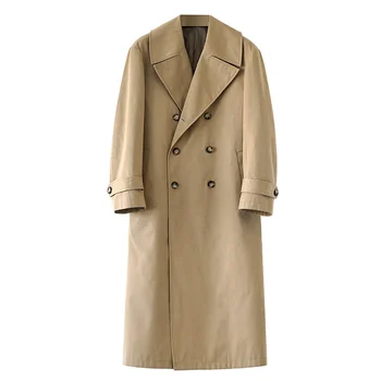Мъжки тренч, Дълго двубортное палто Оверсайз, Военно яке цвят Каки с големи ревера, Есенно-зимно Елегантно палто в английски стил