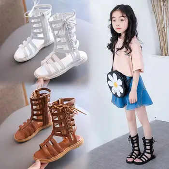 Нови сандали за момичета 2023, летни детски роман обувки с мека подметка и лък, стръмни обувки принцеса с високо берцем за по-големите деца, детска плажна обувки