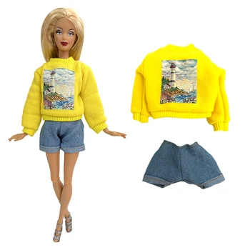 Новост NK, 1 комплект, ежедневни жълто облекло с шарени принцеса, дънкови шорти, Модерни дрехи за Барби, Аксесоари, Подарък за кукли