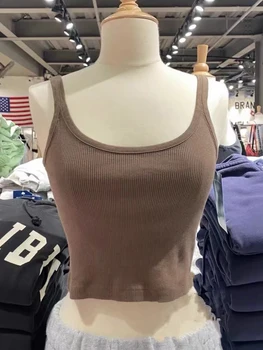 Ретро кафяв прост съкратен топ, дамски секси летни памучни тениски без презрамки, блуза без ръкави, женски сладки шик върховете на бретелях 2023
