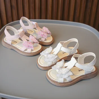 Сандали за момичета, лятото 2023, Нова детски обувки на принцесата, ежедневни нескользящие сандали с мека подметка с лък за малки момичета, универсални сандали