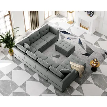 Секционни диван с две Възглавнички, U-Образен диван с Пуфиком за съхранение на вещите в хола на Апартамента