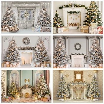 Тема камината, Коледен фон за снимки Коледно дърво Подарък интериор Интериорът на Банер за вашето семейно парти Фон фото студио