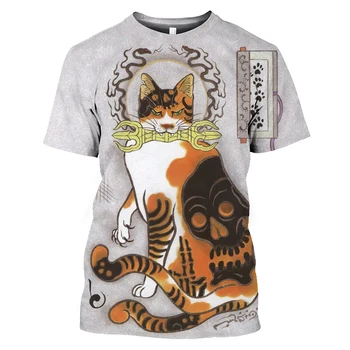 2023 Новата Реколта Японската тениска Samurai Cat Tattoo Me Summer в Ретро стил За Мъже, Стръмни Ежедневни Блузи с кръгло деколте и къс ръкав, Свободна Тениска