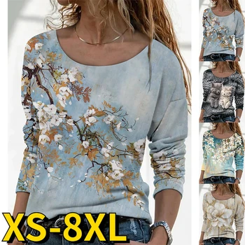2023, нови пролетно-есенни дамски панталони с кръгла яка, елегантни, ежедневни модни върхове на свободен размер, с дълъг ръкав, пуловер с флорални принтом тениска