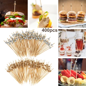 400 бр., 4,7-инчов необичайни коктейлни клечки за зъби за закуски, Бамбукови коктейлни пръчици ръчно изработени, Златни перлени пръчици за хранене