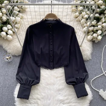 Дамска блуза с отворен гръб, модерен ризи с кръгло деколте и дълги буйни ръкав, летни универсални капаци с ревера, Директна доставка
