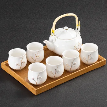 Керамични чай и бамбуковое чиния, бяла порцеланова чаша за чай със сливи, модерен лесен домакински чайник, китайски чай