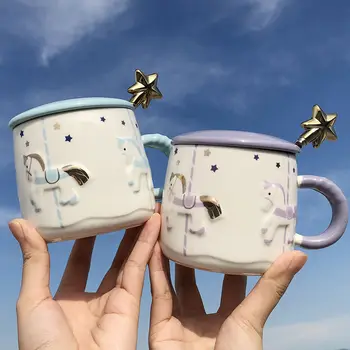 Креативна мультяшная керамична чаша с капак и лъжица, корея, скъпа чаша за пиене, чашата за кафе, чаша за мляко, чаша за сок