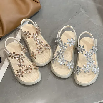 Летни сандали за момичета, обувки малка принцеса 2023, нови сандали с кристали, нескользящие детски сандали на средни и големи размери с мека подметка
