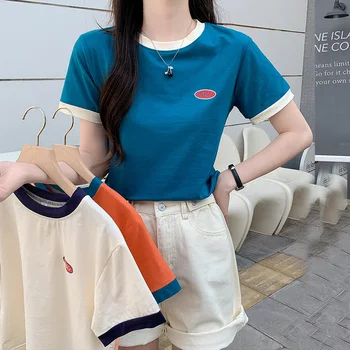 лятна дамска тениска от чист памук, модна тениска с кръгло деколте и къси ръкави, прилепнали ежедневни блузи с писмото принтом, корейски дрехи, дамски дрехи