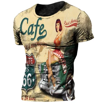 Лятна Мъжка Реколта тениска с къс ръкав Route 66 с 3D Принтом, Мотоциклет Оверсайз, Къс ръкав, Състезателни Къс ръкав, Красив