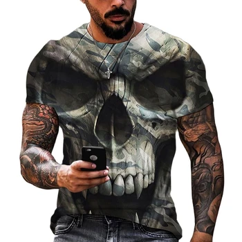 Модерна мъжка тениска с изображение на череп и 3D печат, лятна тениска с кръгло деколте и къс ръкав, уличен плюс Размера на свободен топ, мъжки дрехи 6XL