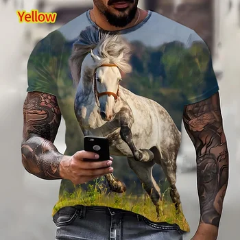 Нови модни мъжки тениски с изображение на животно-кон, висококачествени плочи с 3D-принтом и къси ръкави, дрехи