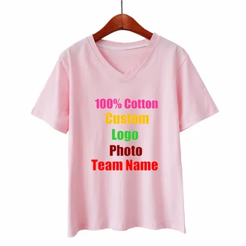 Увеличена Свободната Памучен Женска Тениска с V-образно деколте и Потребителски Текст, Снимка, Тениска С Логото на Дамски Лятна Тениска с Къс Ръкав 2XL