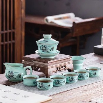 Чай Цзиндэчжэнь цвят на морска вълна, керамична чаша, чайник, чай кунг-фу